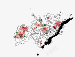 中国古风水墨花手绘水彩植物花卉装饰透明ps436中素材