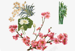 中国古风水墨花手绘水彩植物花卉装饰透明ps141中素材