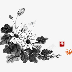 中国古风水墨花手绘水彩植物花卉装饰透明ps130中素材