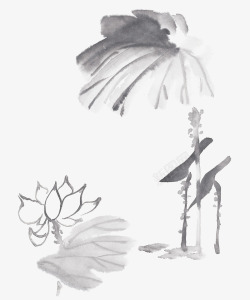 中国古风水墨花手绘水彩植物花卉装饰透明ps294中素材