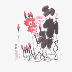 中国古风水墨花手绘水彩植物花卉装饰透明ps92中国素材
