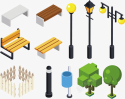 路灯模型建筑板凳路灯围栏树木模型交通汽车路标识高清图片