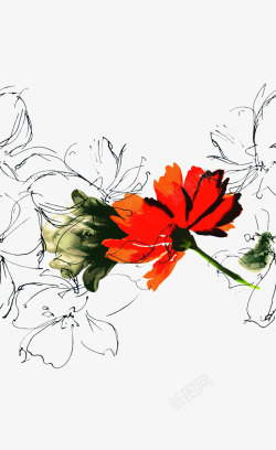 中国古风水墨花手绘水彩植物花卉装饰透明ps139中素材