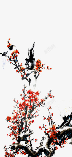 中国古风水墨花手绘水彩植物花卉装饰透明ps438中素材