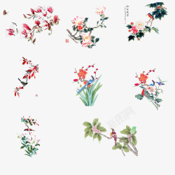 中国古风水墨花手绘水彩植物花卉装饰透明ps147中素材