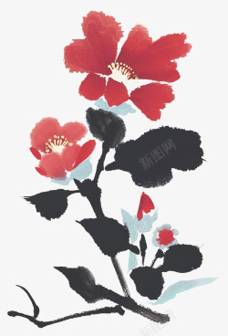 中国古风水墨花手绘水彩植物花卉装饰透明ps259中素材