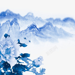 中国古风水墨花手绘水彩植物花卉装饰透明ps60中国素材