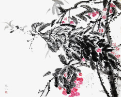 中国古风水墨花手绘水彩植物花卉装饰透明ps352中素材
