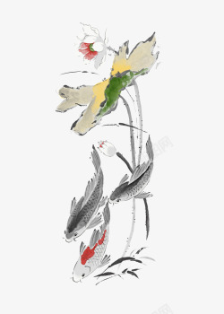 中国古风水墨花手绘水彩植物花卉装饰透明ps439中素材