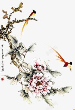 中国古风水墨花手绘水彩植物花卉装饰透明ps30中国素材