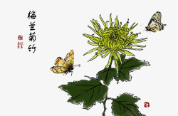 中国古风水墨花手绘水彩植物花卉装饰透明ps427中素材