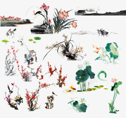 中国古风水墨花手绘水彩植物花卉装饰透明ps345中素材