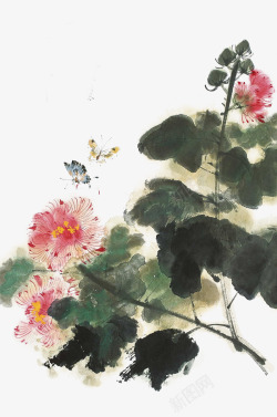 中国古风水墨花手绘水彩植物花卉装饰透明ps104中素材