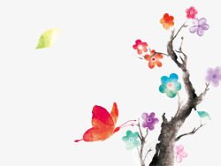 中国古风水墨花手绘水彩植物花卉装饰透明ps326中素材
