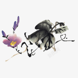 中国古风水墨花手绘水彩植物花卉装饰透明ps257中素材