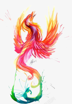 手绘水彩凤凰水墨火焰中国风透明图案219手绘水彩凤素材