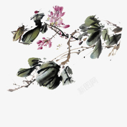 中国古风水墨花手绘水彩植物花卉装饰透明ps105中素材