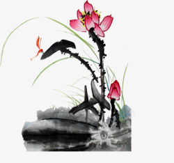 中国古风水墨花手绘水彩植物花卉装饰透明ps289中素材