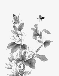 中国古风水墨花手绘水彩植物花卉装饰透明ps271中素材