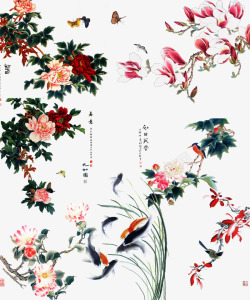 传统绘画中国花卉游鱼彩蝶动植物壁纸动植物壁纸素材