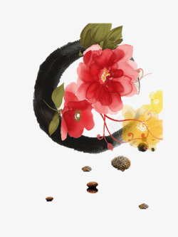 中国古风水墨花手绘水彩植物花卉装饰透明ps196中素材