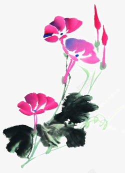 中国古风水墨花手绘水彩植物花卉装饰透明ps434中素材