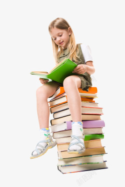 书上的人物坐在书上阅读的小女孩人物图书高清图片