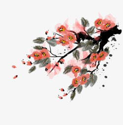中国古风水墨花手绘水彩植物花卉装饰透明ps329中素材