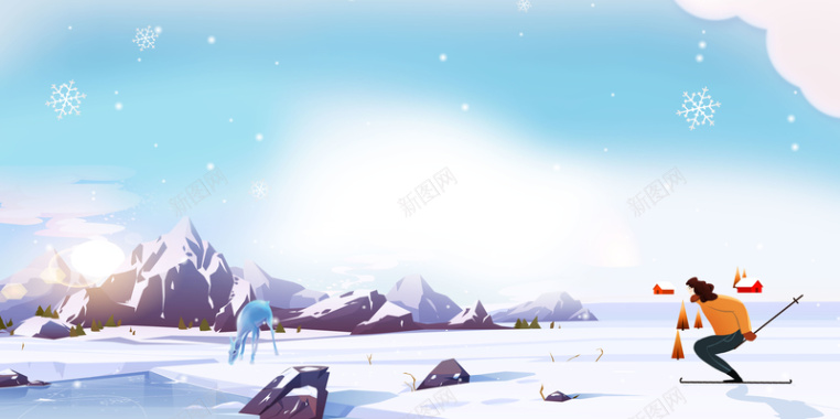 滑雪冬天手绘雪山背景图滑雪元素背景