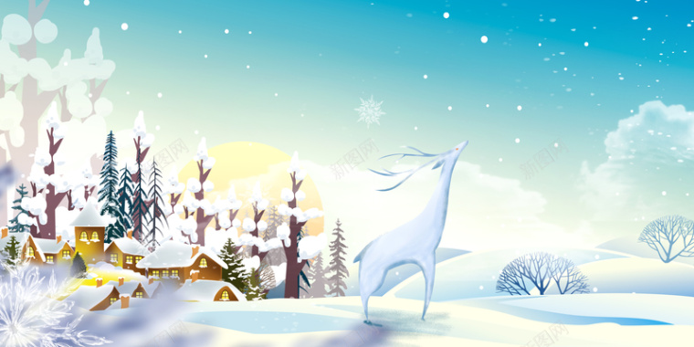 手绘卡通雪山房子背景图背景