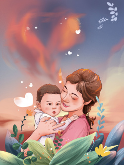 母子装饰手绘母子背景图元素图高清图片