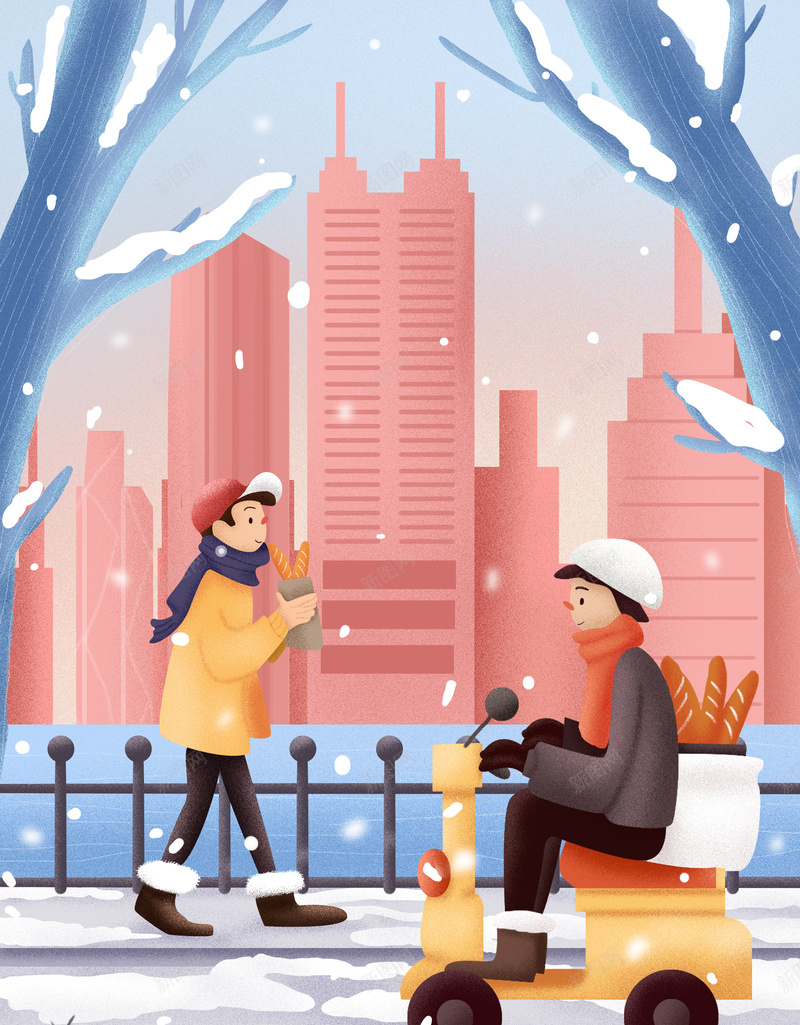 手绘人物冬天雪花元素图psd设计背景_新图网 https://ixintu.com 手绘人物 冬天 雪花 元素图 城市 背景图