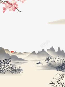 桃花风景水墨画山水画桃花高清图片