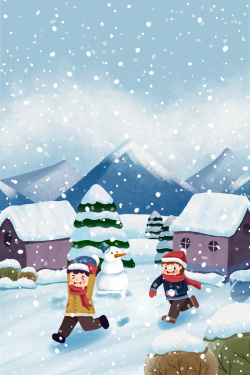 打雪仗手绘雪花山村背景图高清图片
