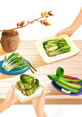 食材原料装盘泡菜韩国美食美食手绘水彩插画设计僵小糖背景