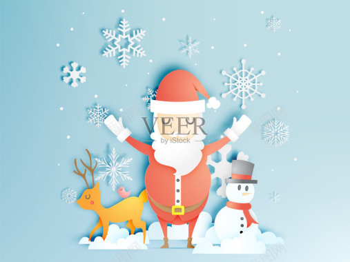 圣诞老人雪人和纸艺术风格与雪和雪花驯鹿矢量图圣诞节背景