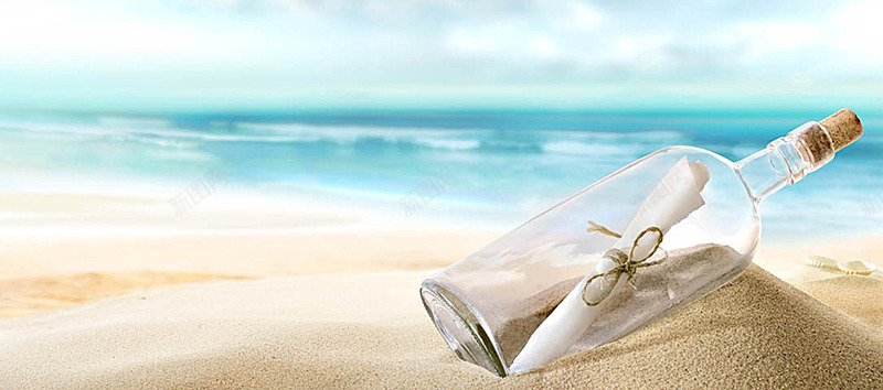 夏日清新海边海滩漂流瓶玻璃海报banner文艺小清背景