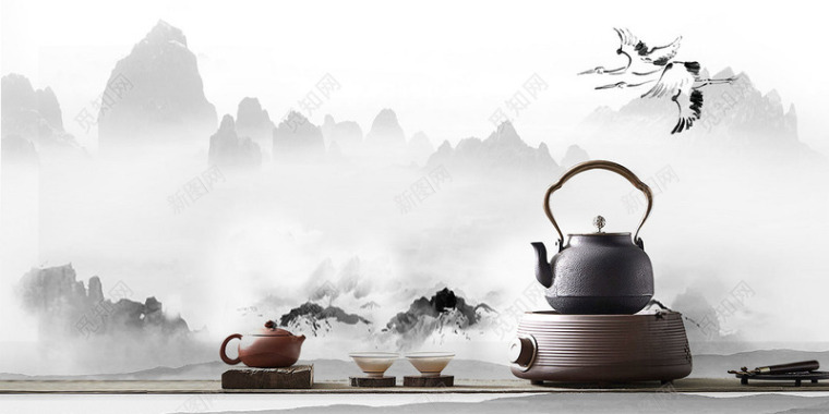 灰色煮茶水墨春茶茶叶宣传促销白色销海报背景