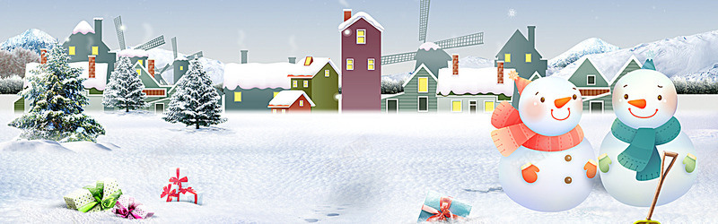 雪花圣诞卡通雪人梦幻手绘清新雪景插图简约唯美海报淘背景