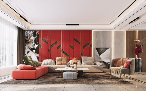 现代客厅沙发茶几组合饰品摆件墙室内设计拓者设计吧水背景