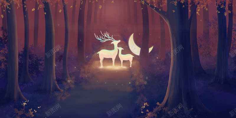 梦幻唯美手绘森林麋鹿插画jpg设计背景_新图网 https://ixintu.com 梦幻 唯美 森林 麋鹿 插画 手绘 月亮