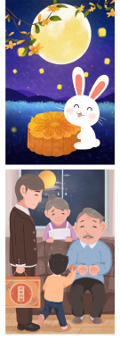 节日团圆中秋节月饼白兔吃月饼场景手绘背景