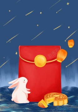 边吃中秋节夜晚大红包前面小兔子边吃月饼边放孔明灯流星飞高清图片