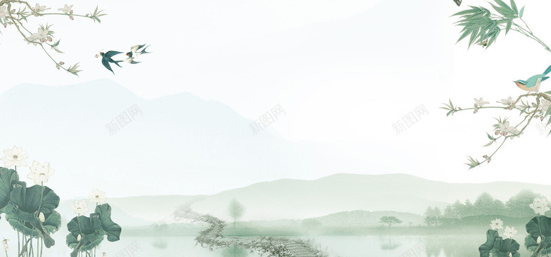 水墨画山水淡雅节气山峰湖泊荷花荷叶手绘中国风清明祭背景