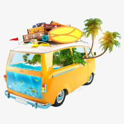 汽车海底世界椰子树滑板行李箱旅行夏日T透明免扣透明素材