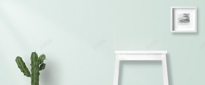 新品促销小清新简约海报绿色女装仙人掌桌子相框墙纯色背景