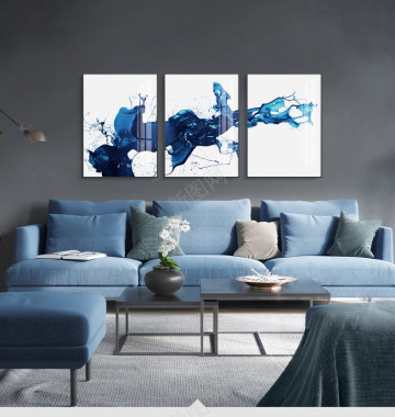 晶瓷蓝色水墨客厅装饰三联沙发现代新中式挂画轻奢卧室背景