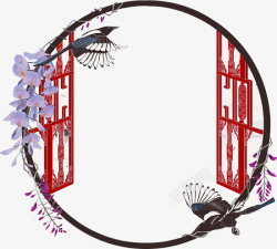 中式窗户窗户窗子窗鸟花花朵手绘中国风古风中式窗框中素材