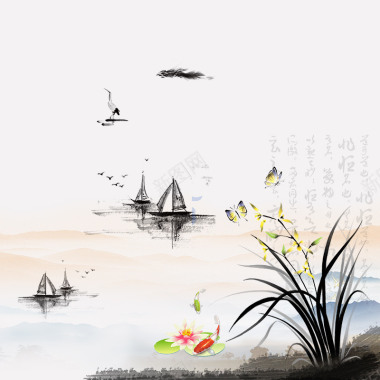 古风中国风水墨水彩手绘花卉龙竹子金鱼毛笔桃花荷花山背景