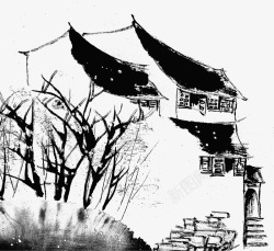 中国风手绘水墨古风江南山水徽派建筑屋檐房檐房屋黑白素材